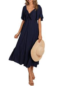 lot 6476 image: PRETTYGARDEN Womens Summer Bow Tie V Neck Midi Dresses Dark Blue size L