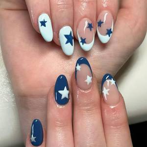 lot 6478 image: Star Press on Nails Medium Almond Fake Nails French Tip Stick on Nails Blue Glue on Nails with Stars Design Press ons Acrylic Nail for Woman Manicure Decorations 24Pcs