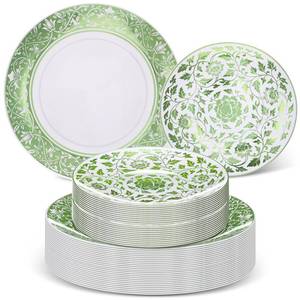 lot 7952 image: Hushee 60 Pcs Green Plastic Plates Set for Wedding Party Guests Green and White Floral Pattern Dish 10.25 Dinner 7.5 Dessert Plates Disposable for Banquet Dinner Bridal Shower