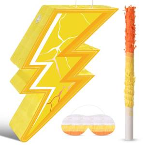lot 7963 image: Pasimy Lightning Pi�ata with Blindfold and Stick Yellow Lightning Bolt Pi�ata Bundle for Weather Theme Birthday Baby Shower Party Decorations Game Supplies, 12.20 x 16.14 Inch