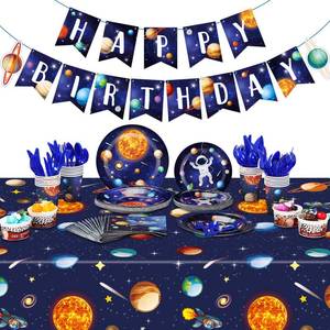 lot 7969 image: Outer Space Birthday Party Supplies Serve 24 Space Party Tableware Set, Happy Birthday Banner Solar System Tablecloth Paper Plates Cups Napkins Knives Forks Spoons for Solar Theme Activities Decor