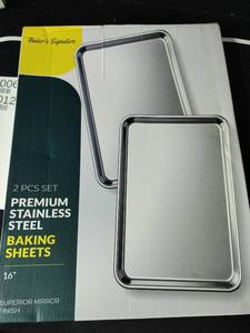 lot 7977 image: Bakers Signature Premium Stainless Steel Baking Sheets 16 inch 2 Piece Set