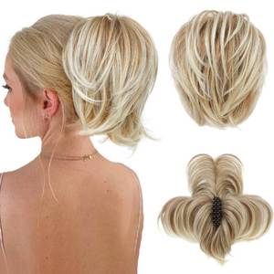 lot 8039 image: HOOJIH Messy Bun Hair Piece, Claw Clip in Straight Hair Bun 9 Inch Short Ponytail Extension with Bendable Metal Wire Hair Pieces for Women Fake Hair Bun - Deep Blonde with Light Blonde Tails