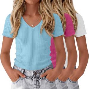 lot 8437 image: LessonZoo 3 Pack Girls Ribbed V Neck Shirts, 3-Color, 11-12 Years