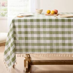 lot 8469 image: Softalker Gingham Rectangle Tablecloth with Tassel, Sage Green, 55 x 84