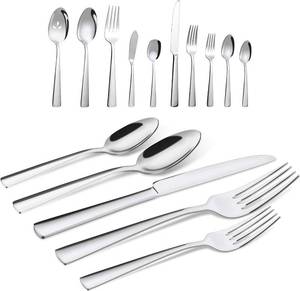 lot 9134 image: 65 Piece Silverware Flatware Cutlery Set, Stainless Steel Fork Spoon Knife Sets for 12, Dishwasher Safe,Ergonomic Design Size and Weight
