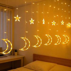 lot 9141 image: Dazzle Bright Ramadan Curtain String Lights, 138 LED 8.2 FT Warm White Star Moon Window Lights with Timer and 8 Lighting Modes, Waterproof Ramadan Decorations for Bedroom Wall Wedding Outdoor Party