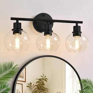 lot 9145 image: Indoi 3-Light Bathroom Light Fixtures, Black Bathroom Lights Over Mirror with Clear Glass Globe Shade, Vanity Lights for Bathroom Kitchen Living Room Hallway Cabinet Bedroom Porch.
