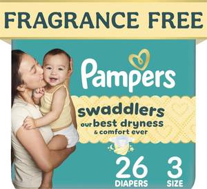 lot 9156 image: Pampers Swaddlers Diapers, Size 3 (13-26 lbs), 26 Count, Fragrance Free, Hypoallergenic, Absorbent, Pediatrician Recommended, Skin Safe
