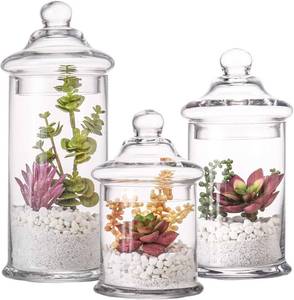 lot 9163 image: Glass Apothecary Jars with Lids, Set of 3 - Bathroom Storage Organizer for Qtips, Cotton Balls, Bath Salts, Candy, Kitchen & Home Decor (11, 8.5, 7.5 Heights)
