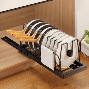 lot 9184 image: Mustorn Pots and Pans Organizer Under Cabinet, 21.6 Deep Pull Out Pot Lid Organizer Holder with Guardrail Adhesive Pot and Pan Holder Rack with 10 Adjustable Dividers-1 Pack(Black)