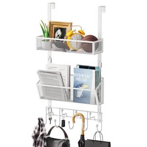 lot 9185 image: HapiRm Over Door Hook with 2 Mesh Baskets and 9 Hooks, 304 Stainless Steel No Drilling Over The Door Hanger, Storage Organizer for Bathroom, Kitchen, Bedroom-White (for 1.57in Doors)