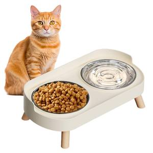lot 9187 image: Elevated Cat Bowl, Raised Cat Food and Water Bowl Set for Indoor Cats, Splash Proof with 2 Stainless Steel Pet Food Bowls for Cats and Puppies, Whisker Fatigue and Dishwasher Safe - White