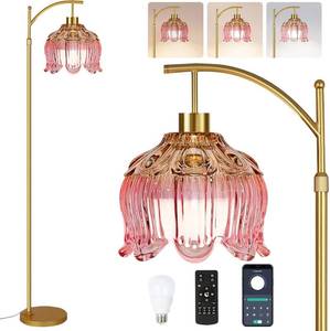 lot 9191 image: QIYIZM Pink Floor Lamp for Living Room,Bedroom,Gold Dimmable Standing Lamp with Remote,Mid Century Modern Brass Tall Lamp Boho Floor Lamps Arc Stained Glass Flower Floor Light Lamp Girls kids Bohemian