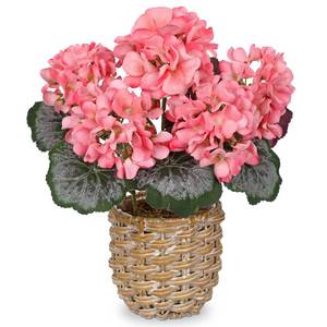 lot 9197 image: Briful Artificial Geranium Flowers, Pink Silk 11 Inch Basket Potted Plant