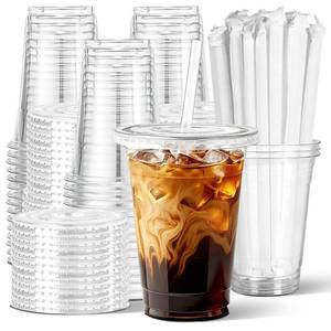 lot 9202 image: Ginkgo 50 Pack 16 oz Clear Plastic Cups with Lids and Straws