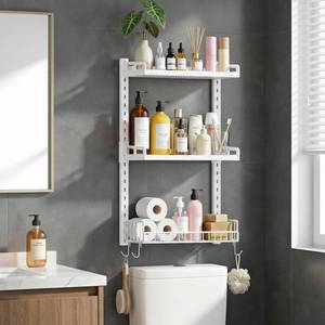 lot 9210 image: Kalrin 3 Tier Bathroom Shelves Over Toilet - Wall Mounted Floating Shelves with Drain Basket, Toilet Paper Storage, Height Adjustable Over The Toilet Storage, Pure White