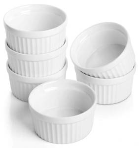 lot 9212 image: Samsle Porcelain Ramekins 4 oz Oven Safe, Small Souffle Dishes for Creme Brulee, Ice Cream, Dipping and Sauces Cup, Ceramic White Mini Baking Bowls Set of 6
