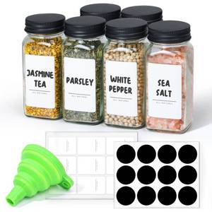 lot 9214 image: ComSaf Glass Spice Jars with with Labels 4 oz 6 Pack Small Square