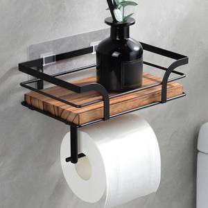 lot 9216 image: YIGII Rustic Farmhouse Toilet Paper Holder with Shelf - Wooden Tissue Paper Roll Holder, Bathroom Wall Mounted Toilet Paper Roll Holder with Wipes Storage, Black Metal