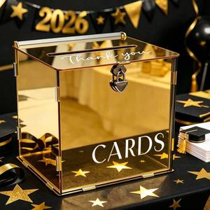 lot 11652 image: SOFARKKT Metallic Gold Mirror Acrylic Card Box with Lock & Slot, Classy Wedding Card Boxes for Reception, DIY Golden Money Envelope Gift Cards Box for Party Anniversary Graduation Shiny Table Decor