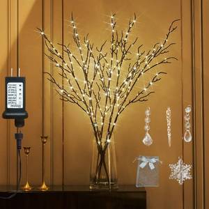 lot 11666 image: Fudios Lighted Branches Plug in 32IN 200 LED Mantle Winter Decor, Brown Twig Branch Lights for Christmas Holiday Party Indoor Outdoor