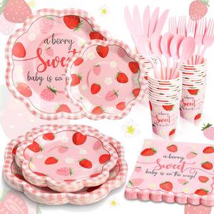 lot 11680 image: Gudvilla Strawberry Baby Shower Decorations for Girl, Berry Sweet Baby Shower Plates and Cups and Napkins Sets Serves 24, Strawberry Plates, A Berry Sweet Baby Is On The Way Decorations, Girl