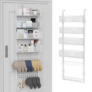 lot 11682 image: Over the Door Organizer, 2 in 1 Metal Hanging Closet Organizer & Hat Rack with 4 Adjustable Baskets, 8 Hooks, 10 Clips, Behind The Door Storage for Bedroom, Bathroom, Entrance, Closet, Kitchen, White