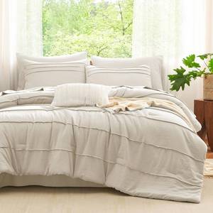 lot 11703 image: CozyLux California King Comforter Set Beige, 7 Pieces Pinch Pleat Bed in a Bag Cal King Comforter Set with Sheets, Boho Bed Sets with Down Alternative Comforter, Sheets, Pillowcases & Shams
