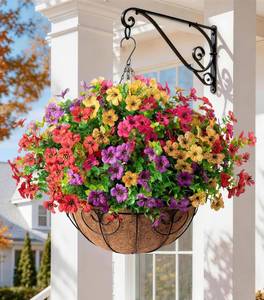 lot 11712 image: HyeFlora Artificial Faux Hanging Plants Flowers Basket for Summer Outdoor Outside Decoration, Fake Silk UV Sun Resistant Look Real Colorful Daisy Eucalyptus for Porch Home Patio Balcony Yard