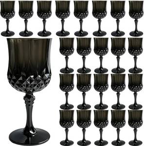 lot 11722 image: 7OZ Plastic Wine Glasses, 24Pcs Black Reusable Drinking Cups Vintage Champagne Flutes, Plastic Crystal Water Goblets for Parties Stemmed Shatterproof Drinking Glasses for Wedding, Toasting Party
