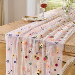 lot 12131 image: BINBE 1pcs Pink Daisy Spring Table Runner Embroidery Gauze 10FT Florals Seasonal Tulle Holiday Birthday Kitchen Dining Table Decor for Home Party