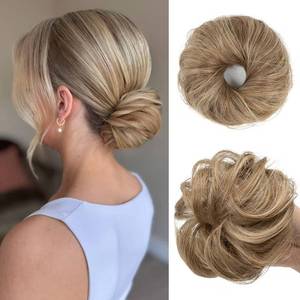 lot 12137 image: CJL HAIR 2PCs Small Cute Messy Bun Hair Piece for Thin Hair Women Mini Synthetic Curly Bun Scrunchies Updo Hairpieces Sand