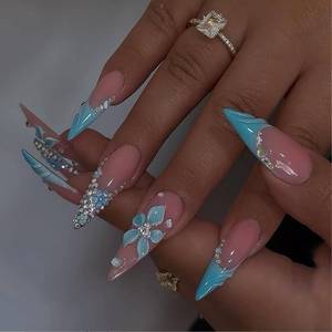 lot 12138 image: MAGLFELL Handmade Press on Nails, Long Length Stiletto False nails, French Blue 3D Floral Fake nails with Water Droplet, 10 Pcs Reusable Stick On Nails Thick Acrylic ABS for Women (Size M)