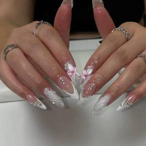 lot 12139 image: Medium Press On Nails - Handmade 3D False Nails Long Stiletto 10 Pcs ReusableABS Material Finger Painting Nail Tip French Salon Design (Size M)