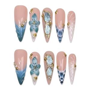 lot 12149 image: Handmade Almond Acrylic Press on Nails Long False Nails Luxury French Tip Nails Press Ons with 3D Flowers Design Reusable Fake Nails Stick on Nail for Women Party Aesthetic Manicure 10Pcs (Size M)