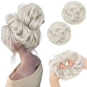 lot 12173 image: SARLA 2PCS Messy Hair Bun Hair Pieces Wavy Curly Synthetic Updo Fake Scrunchies Ponytail Extension for Women Ice Blonde