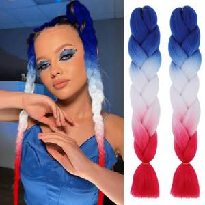 lot 12204 image: Blue-White-Red Braiding Hair Extensions for Women 3 Tone Ombre Jumbo High Temperature Synthetic Fiber Braiding Hair 24 Inch Pre-stretched Twist Crochet Braids for Independence Parade Rave Party Makeup
