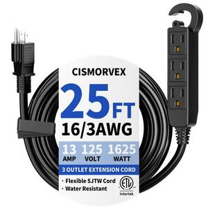 lot 12208 image: cismorvex 25Ft 3 Prong Multiple Outlets Outdoor Extension Cord, Black