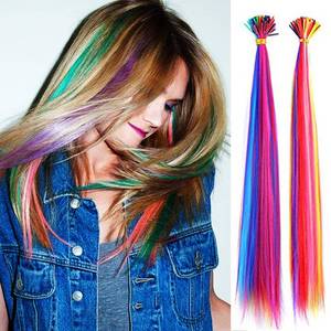 lot 20028 image: 100 Strands 20 Party Colors Hair Extensions Kit I-Tip Fusion Long Straight Hairpieces Synthetic Heat Resistant Highlight Feather Micro Ring Hair Accessories, Include 100 Microbeads with Hook Tool