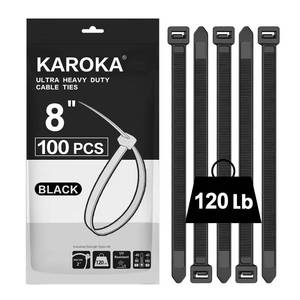 lot 20038 image: Zip Ties 8 inch Heavy Duty Zip Ties with 120 Pounds Tensile Strength, Black Cable Ties, 100 Pieces,by Karoka (Open Box, May Be Missing Pieces)