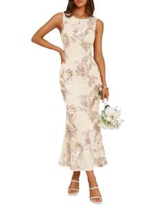 lot 20064 image: ZESICA Womens Floral Mesh Wedding Guest Cocktail Midi Dress Almond M
