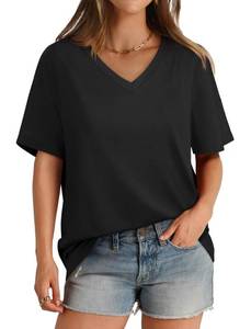 lot 20073 image: Womens Summer Tops Loose Fit Casual V Neck T Shirts Short Sleeve Tshirts Plus Size Blouses Black XXL