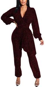 lot 20074 image: DinyIn Black Sparkly Jumpsuit for Women Sexy V Neck Long Sleeve Party Rompers Wrap Sequin Pants Suit Clubwear Medium
