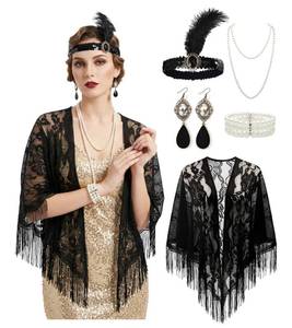 lot 20077 image: Tinyones 5Pcs 1920s Flapper Accessories Set for Women, Roaring 20s Gatsby Costume with Fringed Shawl, Headpiece, Necklace and Gloves (Black)