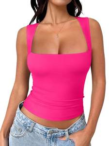 lot 20080 image: REORIA Womens Sexy Square Neck Crop Tops Going Out Basic Square Neck Summer Casual Corset Tank Tops Preppy Party Night Club Concert Valentine Outfits Rose Large