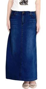lot 20085 image: chouyatou Womens Casual Stretch Waist Washed Denim A-line Maxi Skirt (Small, Deep Blue)