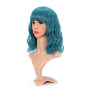 lot 20471 image: VCKOVCKO Natural Wavy Wig With Air Bangs Short Bob Dark Blue Wigs Womens Shoulder Length Wigs Curly Wavy Synthetic Cosplay Wig Pastel Bob Wig for Girl Colorful Wigs(12,Dark Blue)