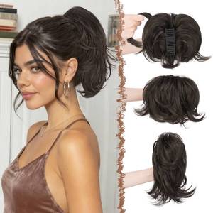 lot 20484 image: FESHFEN Claw Clip Dark Brown mix Auburn Short Ponytail Extensions - DIY Bendable Metals Fluffy Messy Bun Hair Piece Straight Synthetic Hairpieces Ponytail Extension for Women