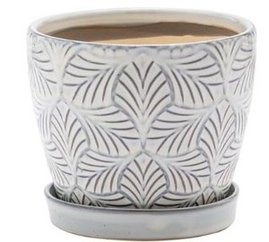 lot 12247 image: Napco Imports Engraved Leaf Design 4.25 x 5 Inch Grey and White Ceramic Indoor Planter Pot with Attached Saucer